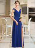 Averie A-Line V-neck Floor-Length Chiffon Lace Bridesmaid Dress With Ruffle Split Front STIP0012988