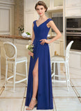 Averie A-Line V-neck Floor-Length Chiffon Lace Bridesmaid Dress With Ruffle Split Front STIP0012988