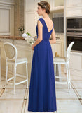 Averie A-Line V-neck Floor-Length Chiffon Lace Bridesmaid Dress With Ruffle Split Front STIP0012988