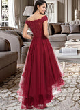 Shiloh Ball-Gown/Princess Off-the-Shoulder Asymmetrical Tulle Bridesmaid Dress With Beading Sequins Bow(s) STIP0012991