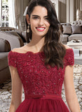 Shiloh Ball-Gown/Princess Off-the-Shoulder Asymmetrical Tulle Bridesmaid Dress With Beading Sequins Bow(s) STIP0012991