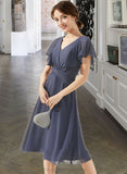 Lorelei A-Line V-neck Knee-Length Chiffon Bridesmaid Dress With Ruffle STIP0012996