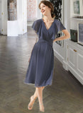 Lorelei A-Line V-neck Knee-Length Chiffon Bridesmaid Dress With Ruffle STIP0012996