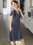 Lorelei A-Line V-neck Knee-Length Chiffon Bridesmaid Dress With Ruffle STIP0012996