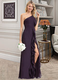 Diamond A-Line One-Shoulder Floor-Length Chiffon Bridesmaid Dress With Split Front Cascading Ruffles STIP0012997