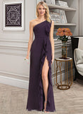 Diamond A-Line One-Shoulder Floor-Length Chiffon Bridesmaid Dress With Split Front Cascading Ruffles STIP0012997