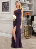 Diamond A-Line One-Shoulder Floor-Length Chiffon Bridesmaid Dress With Split Front Cascading Ruffles STIP0012997