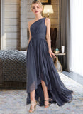 Jada A-line One Shoulder Asymmetrical Chiffon Bridesmaid Dress With Cascading Ruffles STIP0012998