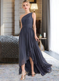 Jada A-line One Shoulder Asymmetrical Chiffon Bridesmaid Dress With Cascading Ruffles STIP0012998