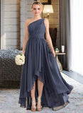 Jada A-line One Shoulder Asymmetrical Chiffon Bridesmaid Dress With Cascading Ruffles STIP0012998