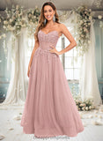 Kamila Ball-Gown/Princess V-Neck Floor-Length Tulle Prom Dresses With Sequins Appliques Lace STIP0025837