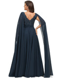 Kristina A-line V-Neck Floor-Length Chiffon Lace Evening Dress With Sequins STIP0020990