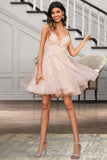 Martha A-line V-Neck Short/Mini Lace Tulle Homecoming Dress With Sequins STIP0020500