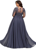 Giana A-line Scoop Illusion Floor-Length Chiffon Lace Evening Dress With Sequins STIP0020946