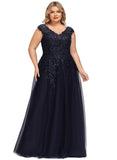 Estrella A-line V-Neck Floor-Length Lace Tulle Evening Dress With Sequins STIP0020861