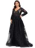 Cali Ball-Gown/Princess V-Neck Sweep Train Lace Tulle Evening Dress With Sequins STIP0020881