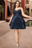 Katelynn A-line V-Neck Short/Mini Lace Satin Homecoming Dress STIP0020504