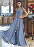 Marlene A-Line V-neck Floor-Length Bridesmaid Dress With Bow(s) Split Front STIP0013001