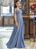 Marlene A-Line V-neck Floor-Length Bridesmaid Dress With Bow(s) Split Front STIP0013001