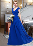 Peyton A-Line V-neck Floor-Length Chiffon Bridesmaid Dress With Ruffle STIP0013004