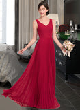 Mariah A-Line V-neck Floor-Length Chiffon Bridesmaid Dress With Split Front Pleated STIP0013007