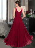 Mariah A-Line V-neck Floor-Length Chiffon Bridesmaid Dress With Split Front Pleated STIP0013007