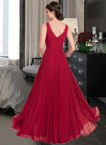 Mariah A-Line V-neck Floor-Length Chiffon Bridesmaid Dress With Split Front Pleated STIP0013007