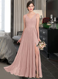 Mariah A-Line V-neck Floor-Length Chiffon Bridesmaid Dress With Split Front Pleated STIP0013007