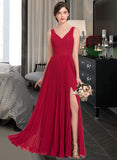 Mariah A-Line V-neck Floor-Length Chiffon Bridesmaid Dress With Split Front Pleated STIP0013007