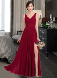 Mariah A-Line V-neck Floor-Length Chiffon Bridesmaid Dress With Split Front Pleated STIP0013007