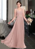 Mariah A-Line V-neck Floor-Length Chiffon Bridesmaid Dress With Split Front Pleated STIP0013007