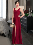 Mariah A-Line V-neck Floor-Length Chiffon Bridesmaid Dress With Split Front Pleated STIP0013007