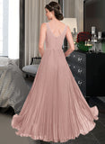 Mariah A-Line V-neck Floor-Length Chiffon Bridesmaid Dress With Split Front Pleated STIP0013007