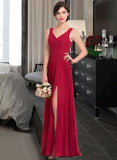 Mariah A-Line V-neck Floor-Length Chiffon Bridesmaid Dress With Split Front Pleated STIP0013007