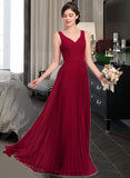 Mariah A-Line V-neck Floor-Length Chiffon Bridesmaid Dress With Split Front Pleated STIP0013007