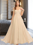 Eva A-Line V-neck Floor-Length Chiffon Bridesmaid Dress With Ruffle STIP0013011