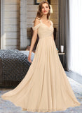 Eva A-Line V-neck Floor-Length Chiffon Bridesmaid Dress With Ruffle STIP0013011