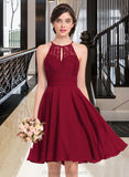 Arielle A-Line Scoop Neck Knee-Length Chiffon Lace Bridesmaid Dress With Ruffle Bow(s) STIP0013012