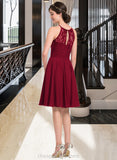 Arielle A-Line Scoop Neck Knee-Length Chiffon Lace Bridesmaid Dress With Ruffle Bow(s) STIP0013012