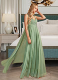 Adrienne A-Line V-neck Floor-Length Bridesmaid Dress With Ruffle STIP0013014