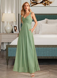 Adrienne A-Line V-neck Floor-Length Bridesmaid Dress With Ruffle STIP0013014