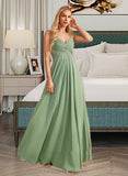 Adrienne A-Line V-neck Floor-Length Bridesmaid Dress With Ruffle STIP0013014