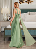 Adrienne A-Line V-neck Floor-Length Bridesmaid Dress With Ruffle STIP0013014