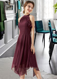 Paris A-Line Scoop Neck Tea-Length Chiffon Bridesmaid Dress With Cascading Ruffles STIP0013016