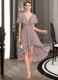 Precious A-line V-Neck Asymmetrical Chiffon Bridesmaid Dress With Cascading Ruffles STIP0013019