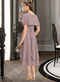 Precious A-line V-Neck Asymmetrical Chiffon Bridesmaid Dress With Cascading Ruffles STIP0013019