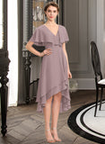 Precious A-line V-Neck Asymmetrical Chiffon Bridesmaid Dress With Cascading Ruffles STIP0013019