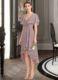 Precious A-line V-Neck Asymmetrical Chiffon Bridesmaid Dress With Cascading Ruffles STIP0013019