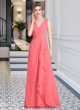 Charlotte A-line V-Neck Floor-Length Chiffon Bridesmaid Dress With Cascading Ruffles STIP0013021