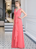 Charlotte A-line V-Neck Floor-Length Chiffon Bridesmaid Dress With Cascading Ruffles STIP0013021